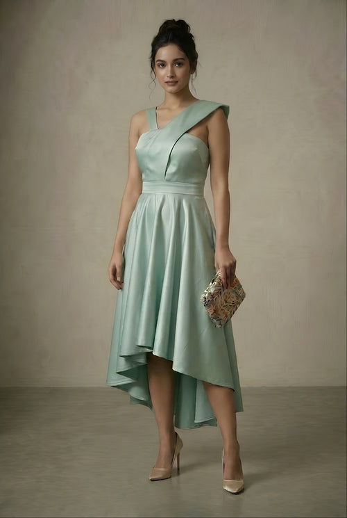 Stilig Celestine Drift asymmetric neckline sculpted bodice satin midi dress